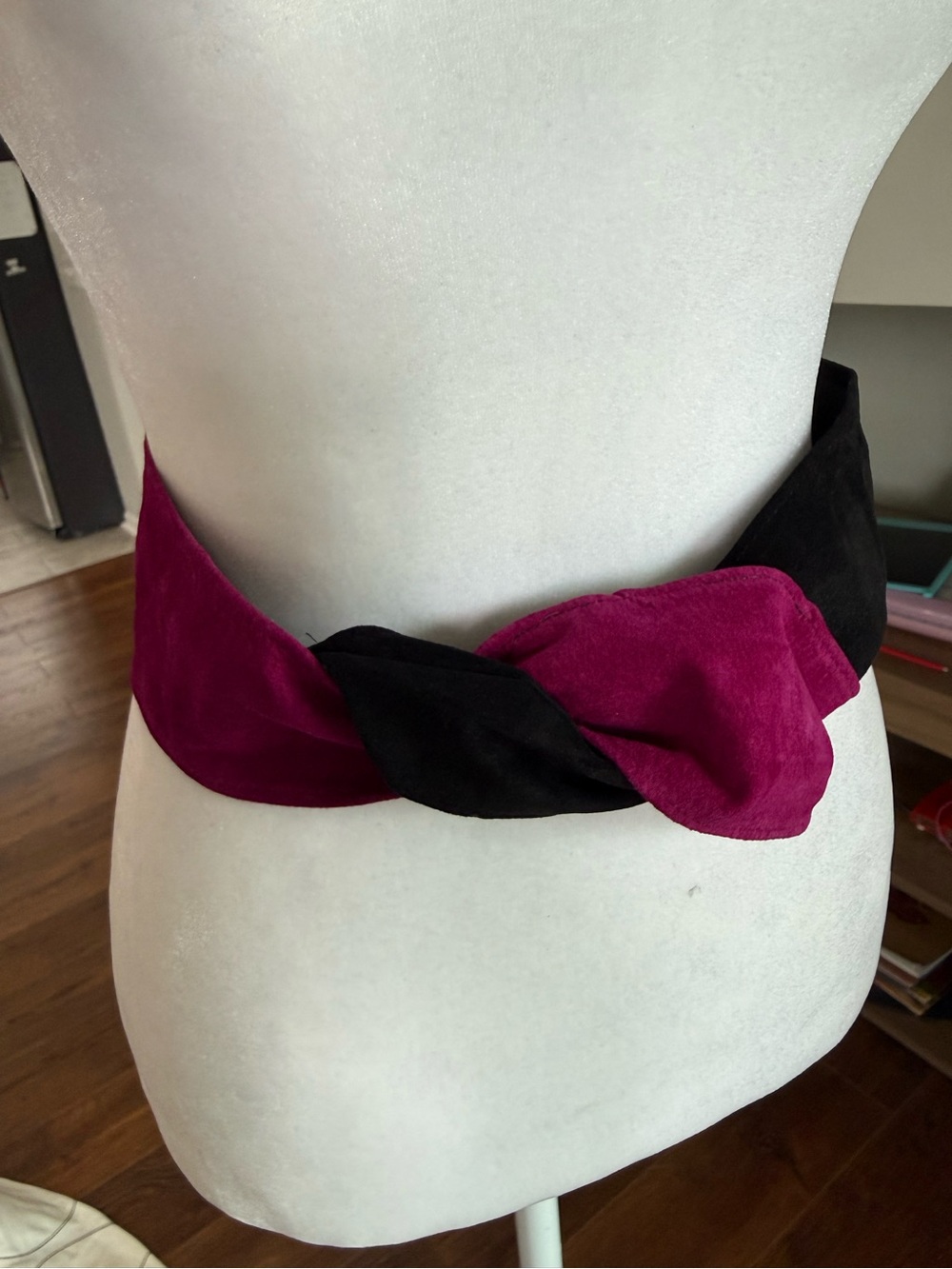 Diane Von Furstenberg Twisted Suede Waist Belt in Magenta and Black